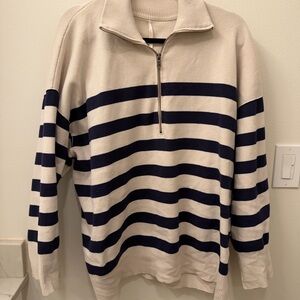 Free People Striped Zip-Up Sweater in Navy and Cream